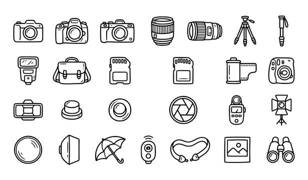 Hand Drawn Photography Doodle Icon Set Camera Equipment and Tools Vector Collection