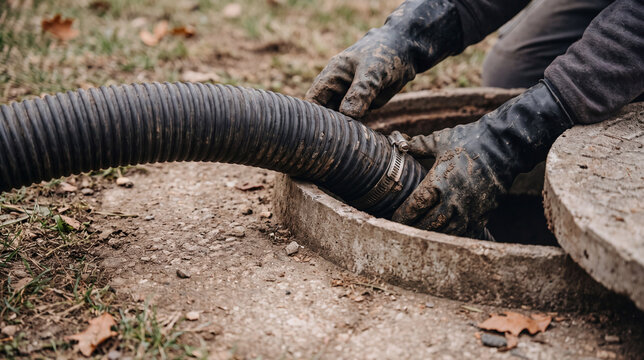 Professional technician uses black industrial hose to empty septic tank during routine residential maintenance service work