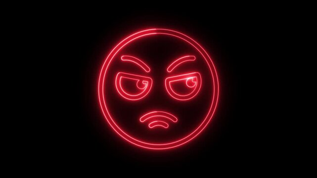 Glowing red neon angry face emoji icon loop animation on dark black background