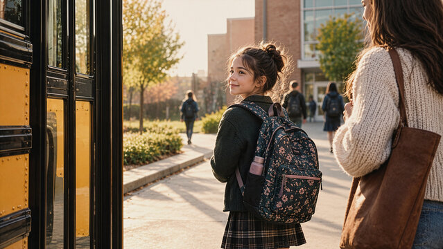 Student with Backpack Boarding School Bus on First Day of School