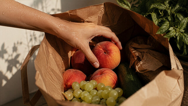 Hand Reaching for Fresh Peaches and Grapes in Paper Grocery Bag