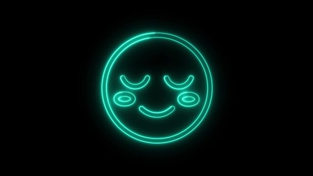 Glowing neon cute emoji face with smiling closed eyes and blushing cheeks on black background animation