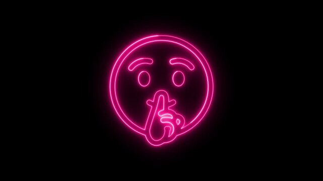 Glowing pink neon shushing emoji face icon making a quiet silence gesture on black background