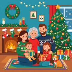 Fototapeta premium Happy multi-generation family celebrating Christmas together at home near decorated fireplace and tree