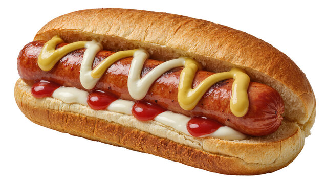 Juicy grilled sausage in a bun with ketchup and mustard, isolated on transparent background