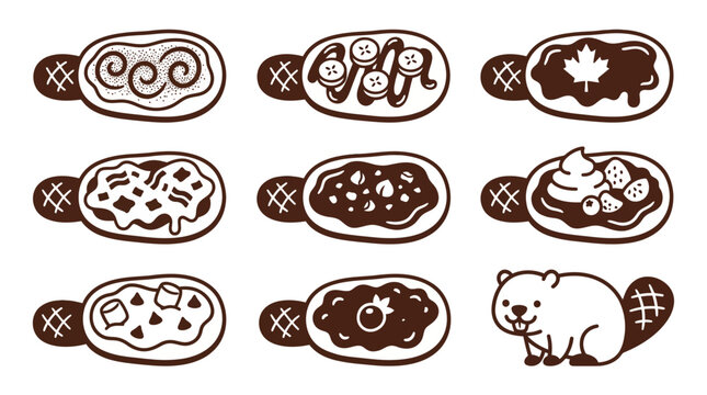 Canadian poutine snack icons and beaver mascot illustrations.