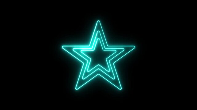 Futuristic cyan neon star glowing and pulsing animation loop on dark black background