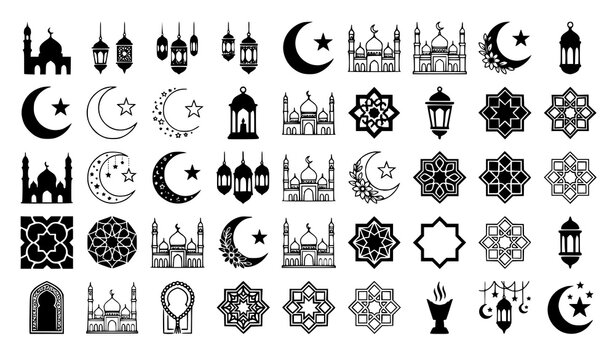 Ramadan Mubarak Islamic symbols mosque crescent moon star vector icon set