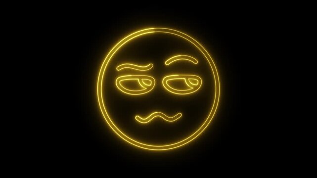 Glowing yellow neon emoji face with suspicious expression isolated on solid black background