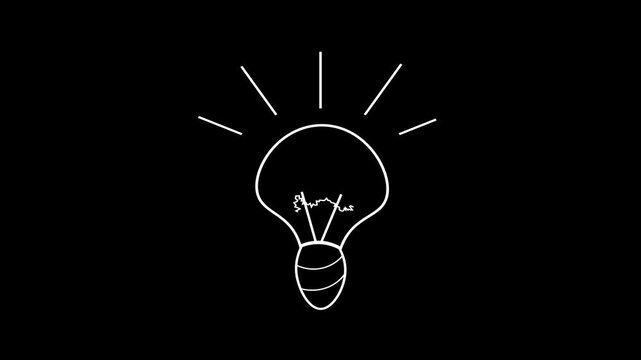 White line art lightbulb flickering against a black background. Represents ideas, creativity, and brainstorming in a simple sketch style. Minimalist 2D animation.