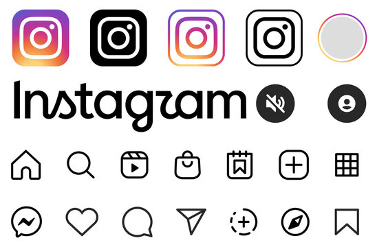 Illustrative editorial set of Instagram logo designs and UI interface elements isolated on transparent background. High resolution PNG collection for social media and digital design