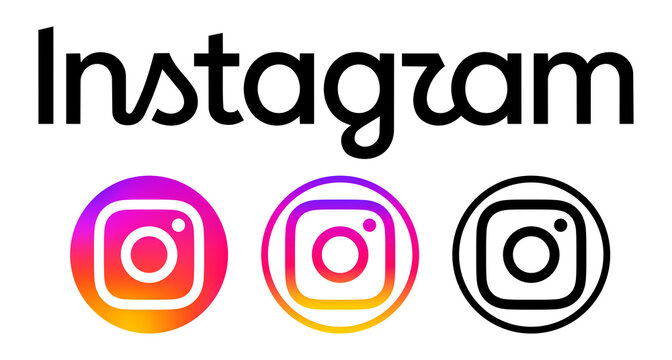 Illustrative editorial set of round Instagram icons and new Instagram wordmark logo isolated on transparent background. High resolution PNG collection for social media and digital design