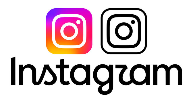 Illustrative editorial set of Instagram icons and new Instagram wordmark logo isolated on transparent background. High resolution PNG collection for social media and digital design