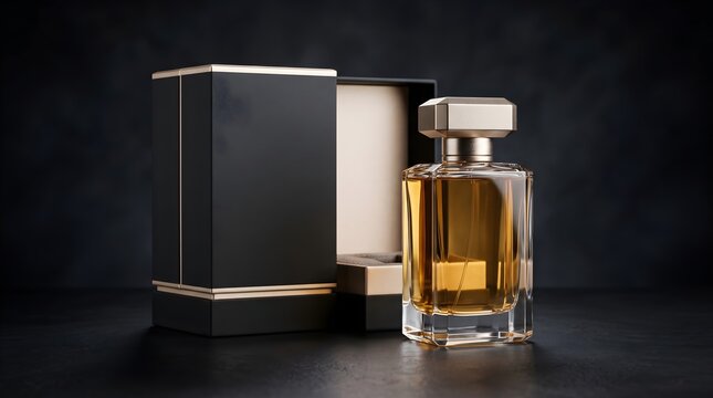 Elegant perfume bottle with black and gold packaging on dark surface.