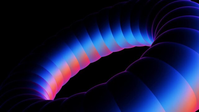 This captivating abstract features a glowing torus ring, composed of smoothly blended blue, purple, pink, and orange gradients, set against a dark background. The digital art creates a futuristic and
