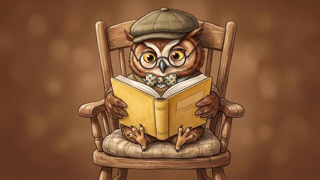 Whimsical owl reading a book while sitting on a wooden chair, charming educational character concept, 4K video