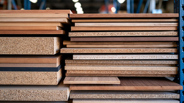 Tall industrial rack filled with different sizes of plywood, MDF and chipboard sheets, several boards slightly separated to reveal their layered edges, modern warehouse inventory concept, ultra phot