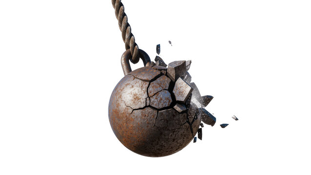 Cracked rusty metal wrecking ball with debris, isolated on transparent background