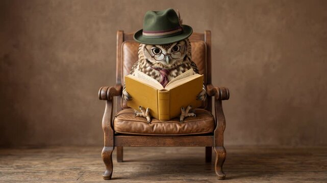 Whimsical owl reading a book while sitting on a wooden chair, charming educational character concept, 4K video