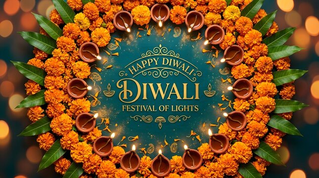Happy diwali festival of lights with marigold flower rangoli and diya lamps