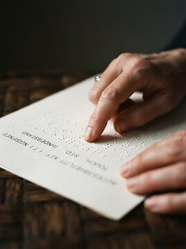 Close up of a person reading braille text on a white paper document with their fingertips