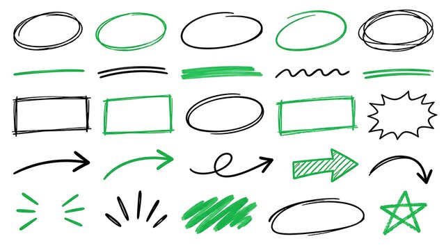 Minimalist, black-and-white characters with pen circle, underline and doodle arrow strokes, hand drawn highlight marks, rough text emphasis frames.