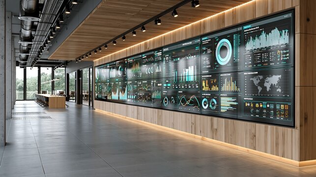 Modern corporate boardroom features massive digital display walls showcasing complex financial data visualization charts and global maps for strategic analysis