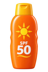 Fototapeta premium Orange sunscreen bottle with SPF 50 sun protection label, isolated on transparent background.