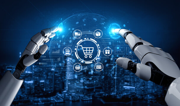 Advanced Robotics Technology in E-commerce Integration with Futuristic Digital Interface and Cityscape Background. Entropy.