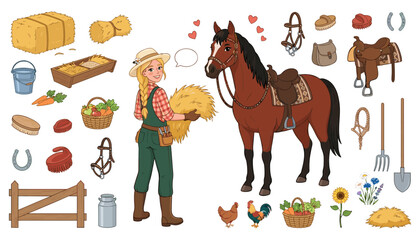 Horse farm vector set with cartoon ranch elements girl cowgirl equestrian equipment saddle stable sticker collection
