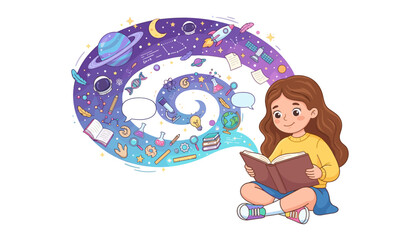 Little girl reading book vector illustration with spiral stem education space science imagination cartoon background concept