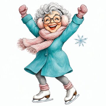 Joyful Grandma Ice Skating with Raised Arms
