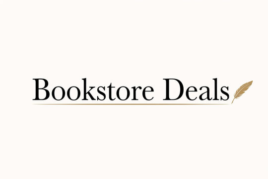 Bookstore Deals typography logo, elegant serif text with quill pen icon. Minimalist literary branding for book shops and publishing promotions.