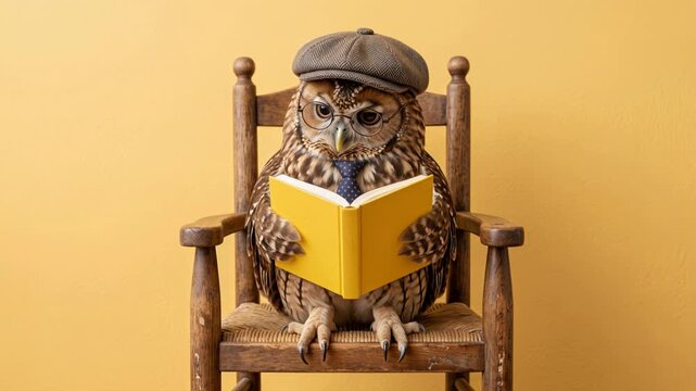 Whimsical owl reading a book while sitting on a wooden chair, charming educational character concept, 4K video