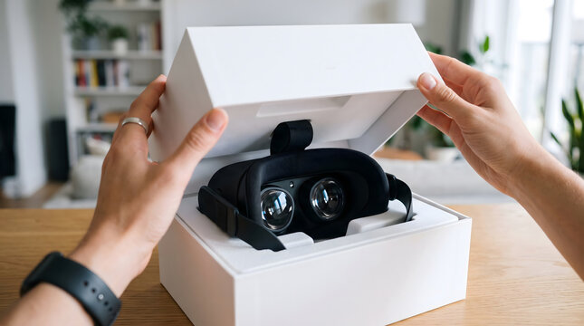 Virtual Reality Headset Unboxing Experience. Hands Opening White Box Containing VR Gaming Gear, Digital Immersion Technology, New Product Reveal