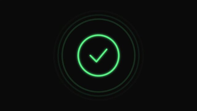 Glowing green checkmark symbol pulsing rhythmically in this smooth digital animation motion footage designed for user interface feedback system graphics