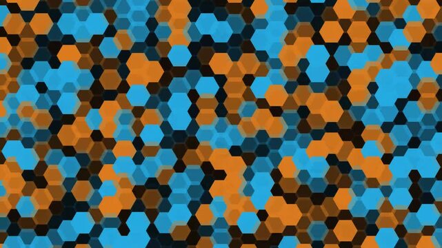 Hexagonal geometric pattern animation featuring vibrant blue and warm orange shapes shifting in a continuous loop digital motion video sequence