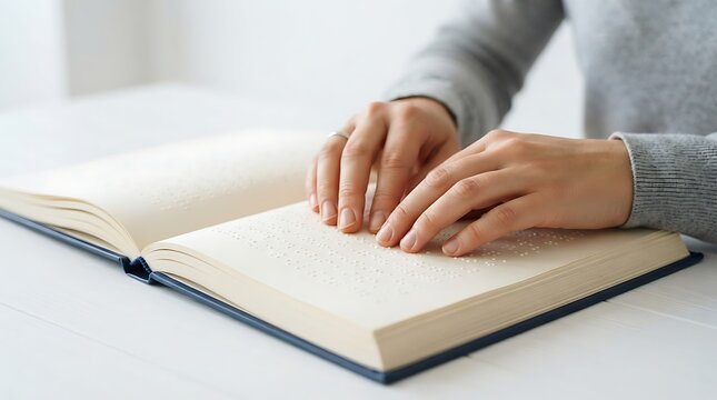 Close up of a person reading a book with braille text for the visually impaired and blind