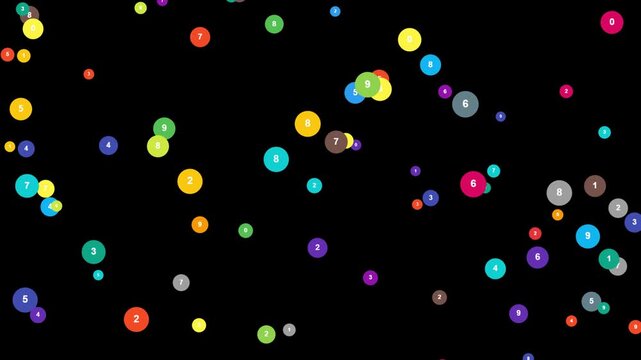 Colorful numbers floating inside circular bubbles create dynamic motion footage for modern data visualization projects with dark background aesthetic style