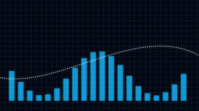 Dynamic blue bar chart motion video animation displaying fluctuating statistical data points over a dark grid background for professional presentation