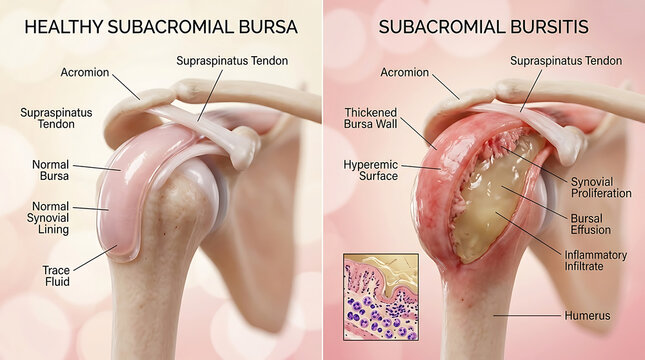 Healthy Bursa Versus Bursitis Synovial Proliferation and Effusion
