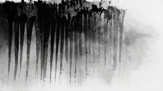 Black ink dripping down on white background. Abstract ink brush dripping motion element. Grunge texture transition