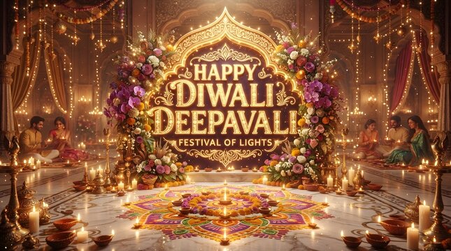 Happy diwali deepavali festival of lights greeting with golden ornate text, floral decorations, traditional oil lamps, and people in a temple
