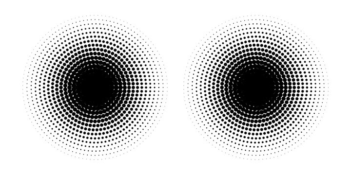 Set of halftone dots gradient pattern texture isolated on white background. Straight dotted spots using halftone circle dot raster texture.