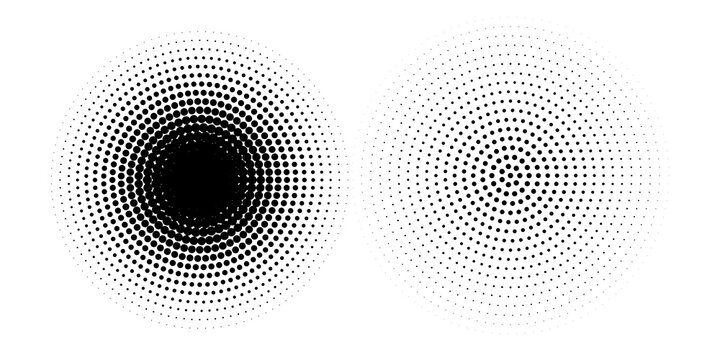 Set of halftone dots gradient pattern texture isolated on white background. Straight dotted spots using halftone circle dot raster texture.