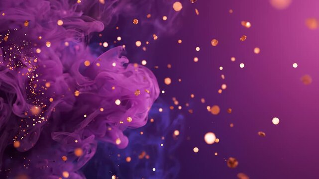 Abstract Purple Ink Swirls With Floating Golden Glitter Particles in Liquid