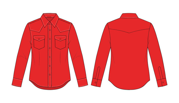 Men long sleeve red western cowboy shirt fashion technical sketch vector template showing front and back views with pointed yokes.