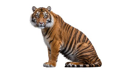 Obraz premium Majestic Bengal tiger with orange and black stripes sitting alert, isolated on transparent background
