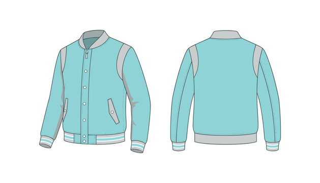 Unisex varsity bomber jacket fashion technical sketch vector template showing light blue three quarter front and back views.
