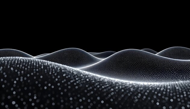 Abstract futuristic digital white particle wave landscape with glowing dots and depth of field blur on dark black background, big data technology network banner design graphic asset, Generative AI